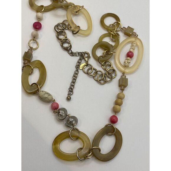 Chunky Gold-Tone Long Necklace With Acrylic Links Beaded Accents & Lobster Clasp - Picture 5 of 8